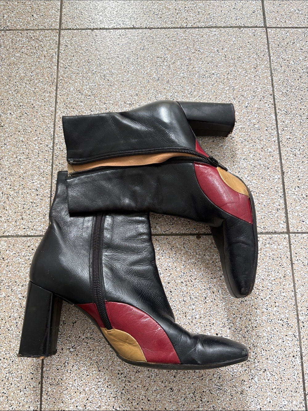 Black Leather Ankle Boots with Red and Tan Accents